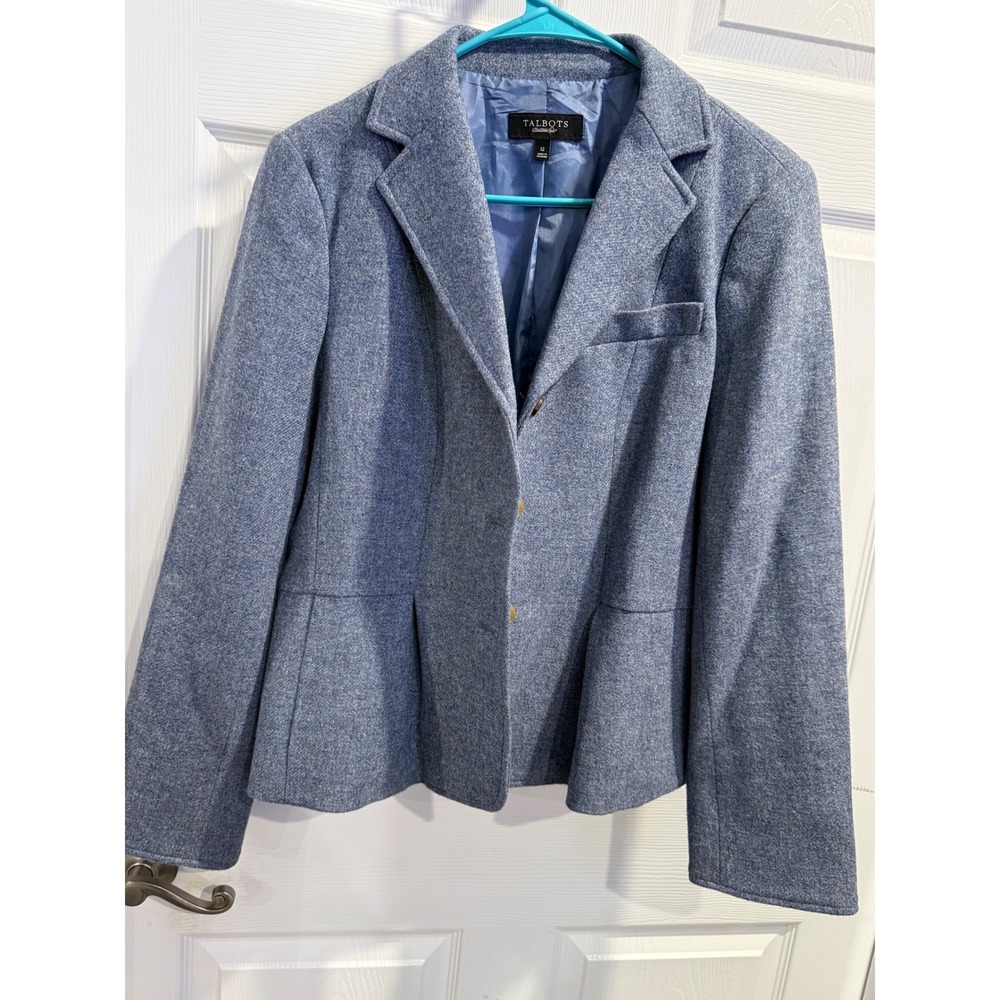 Talbots Blue 100% Wool 3-Button Peplum Blazer Jacket Size 12 VN363